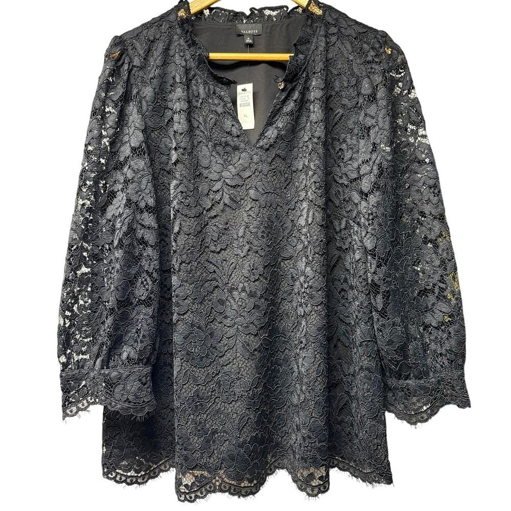 NWT Talbots Black Floral Lace Blouse Size XL Puff Sleeve Top Lined Party Dressy